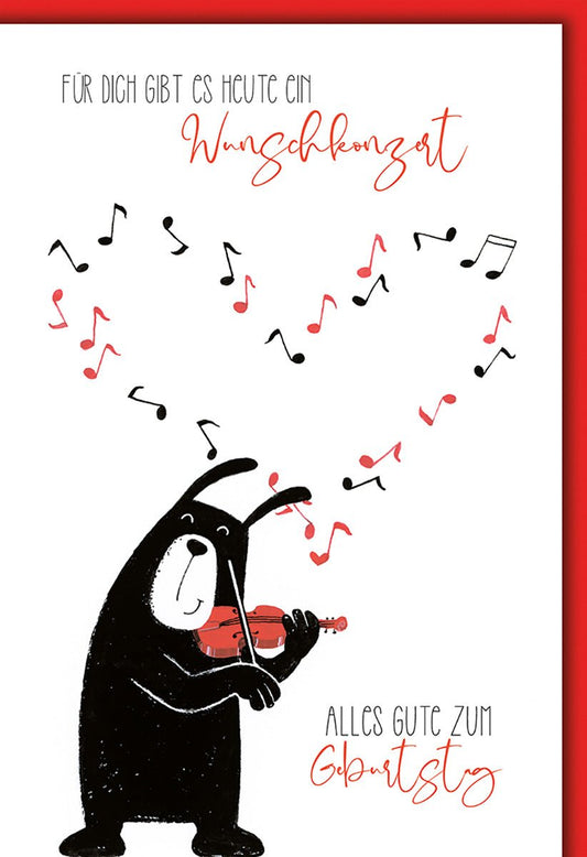Geburtstagskarte Musikliebhaber – Bär mit Geige und Noten in Herzform, humorvoller Stil