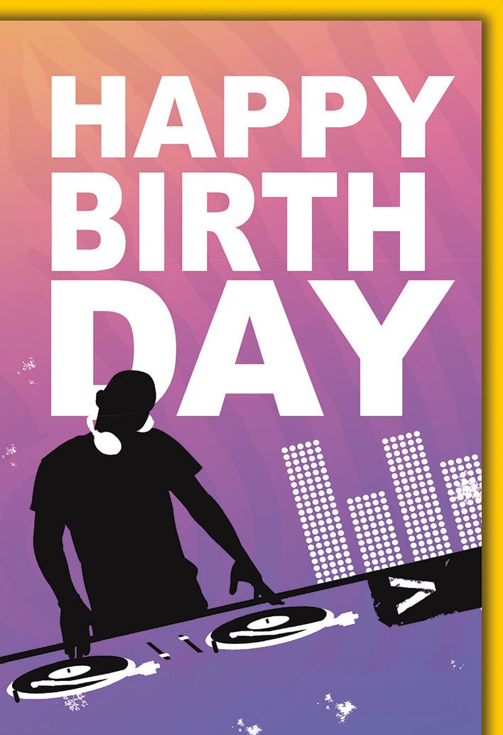 Geburtstagskarte Musikliebhaber – DJ - Silhouette mit buntem Club - Hintergrund