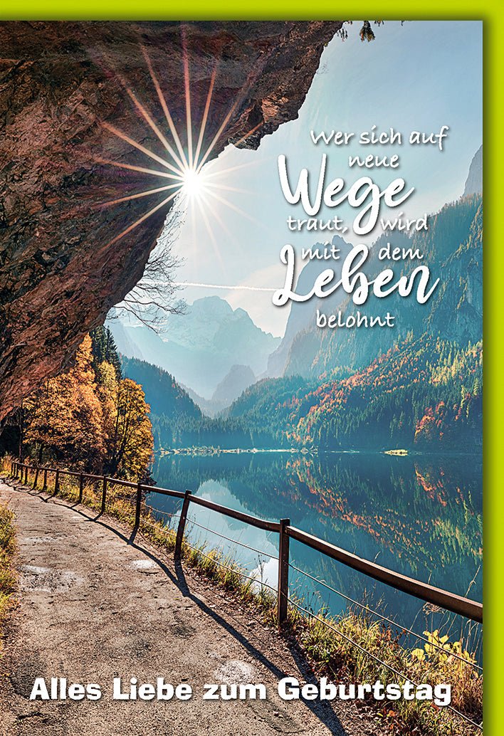Geburtstagskarte Natur – Berglandschaft mit inspirierendem Zitat und Sonnenstrahlen