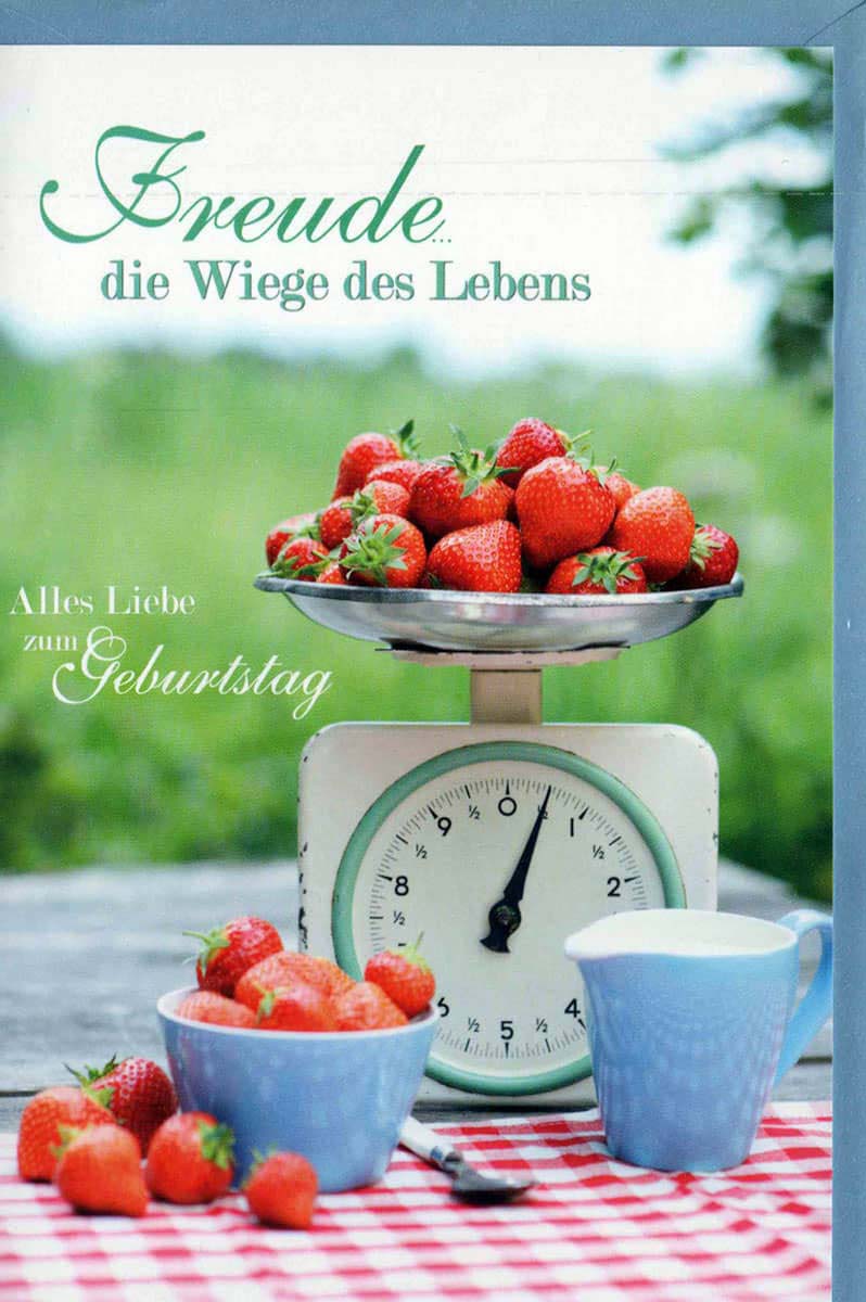 Geburtstagskarte Naturidylle: Waage mit frischen Erdbeeren