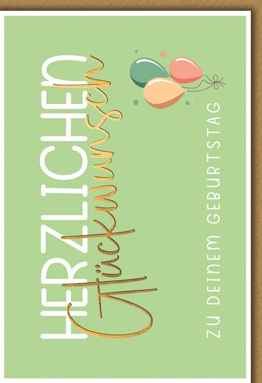 Geburtstagskarte Neutral – Bunte Luftballons auf Pastellgrün mit Goldschrift
