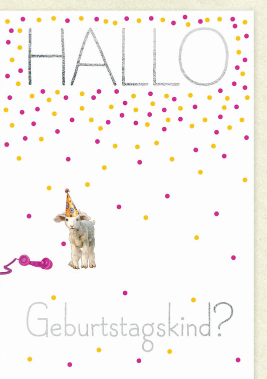 Geburtstagskarte – Niedliches Lamm mit Telefon & Partyhut, Bunte Punkte, Cartoon "Hallo Geburtstagskind!"