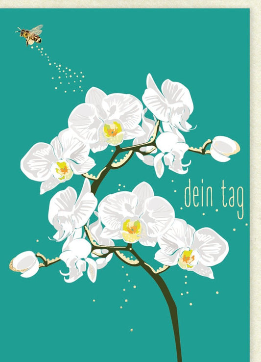 Geburtstagskarte Orchideen: Elegante Blumen & Biene auf Weiß – Natürlich Florale Glückwünsche