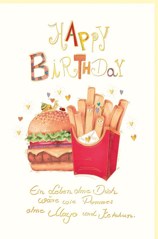 Geburtstagskarte Partner - Humorvolle Hamburger & Pommes Illustration, Skorpion - Thema, Naturkarton mit Goldfolie, Herzform Design in Rot & Gelb