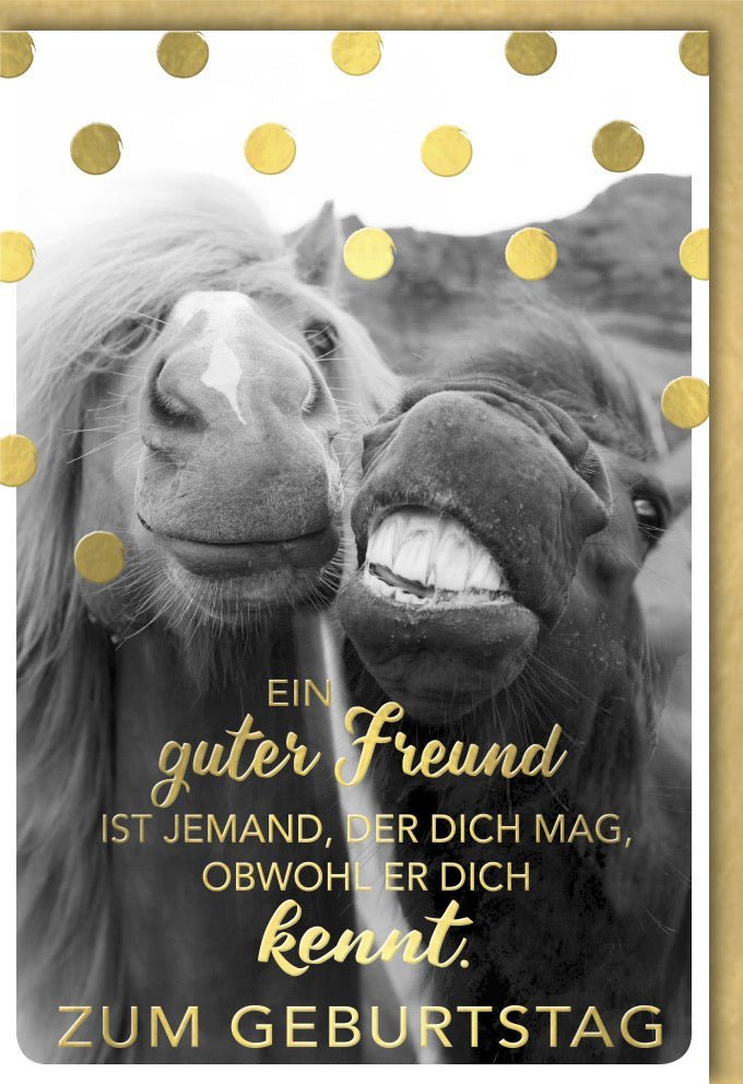 Geburtstagskarte Pferdemotiv – Humorvolle Grüße für Freunde, Gold Konfetti Design