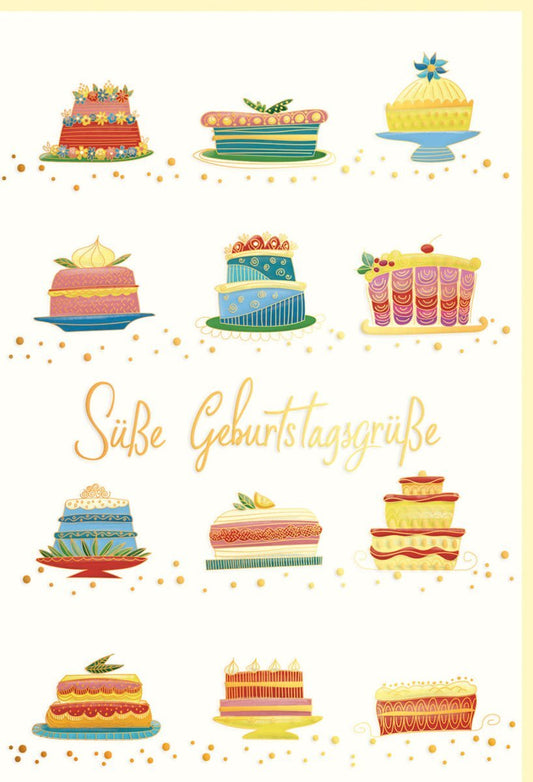 Geburtstagskarte Premium – Elegante Karte mit Tortenmotiv, Naturkarton & Goldfolie, Festliche Blindprägung, Süße Grüße für die Feier