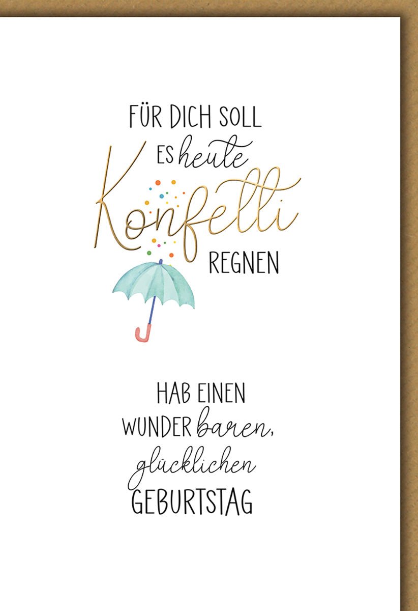 Geburtstagskarte Regenbogen – Aquarell Regenschirm mit Konfetti und verspieltem Spruch
