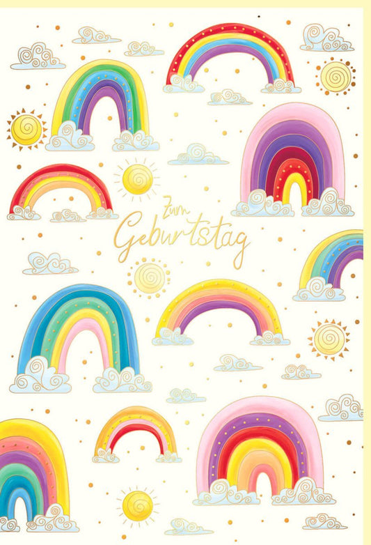 Geburtstagskarte Regenbogen & Wolken – Pastellfarbene Glückwunschkarte auf Naturkarton mit Goldfolie und Blindprägung für Kinder & Erwachsene