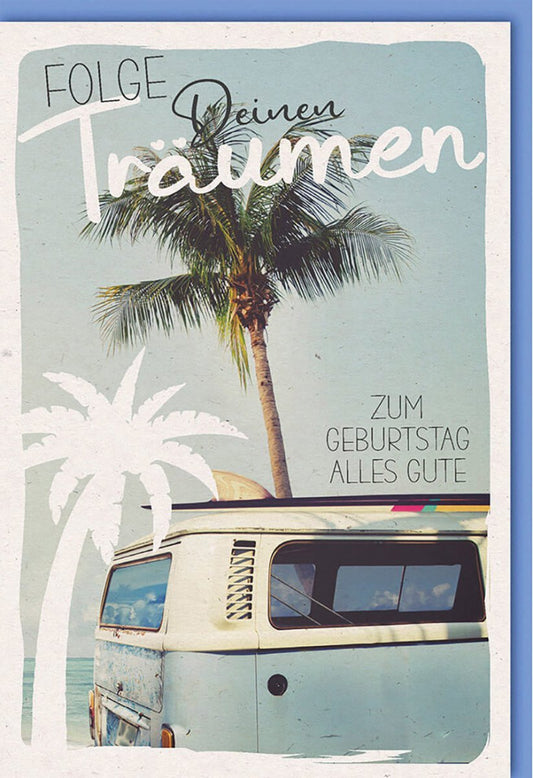 Geburtstagskarte "Retro Bus Abenteuer" - Vintage Van mit Palmen, Strand & inspirierendem Spruch für Reiselustige