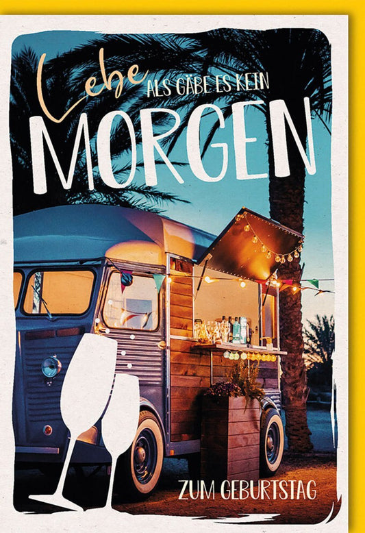 Geburtstagskarte Retro Bus & Lichterkette - Perfekt für Outdoor - Feiern, Vintage Sektgläser Design für Campingbus Fans & Sommerabende