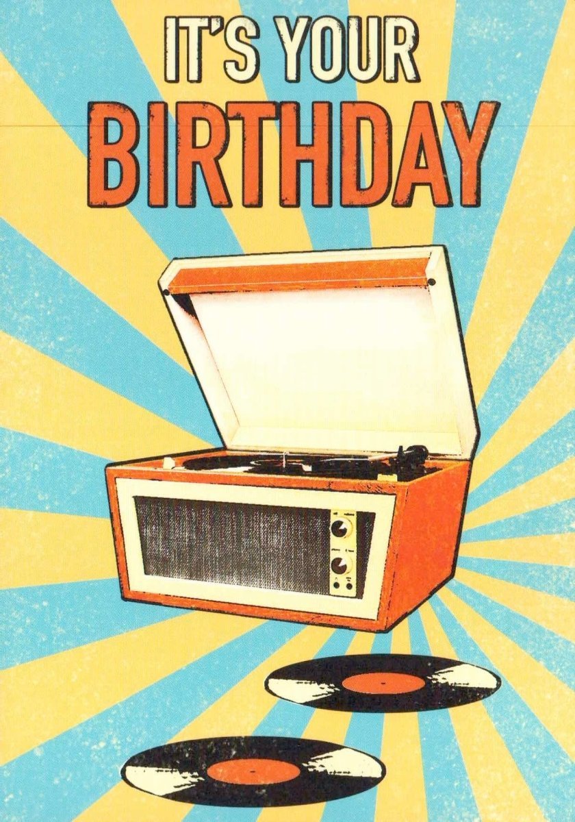 Geburtstagskarte Retro - Design: Schallplatte & Plattenspieler | Vintage Musik - Motiv | Farbenfrohe Vinyl - Illustration | Nostalgische Feierkarte