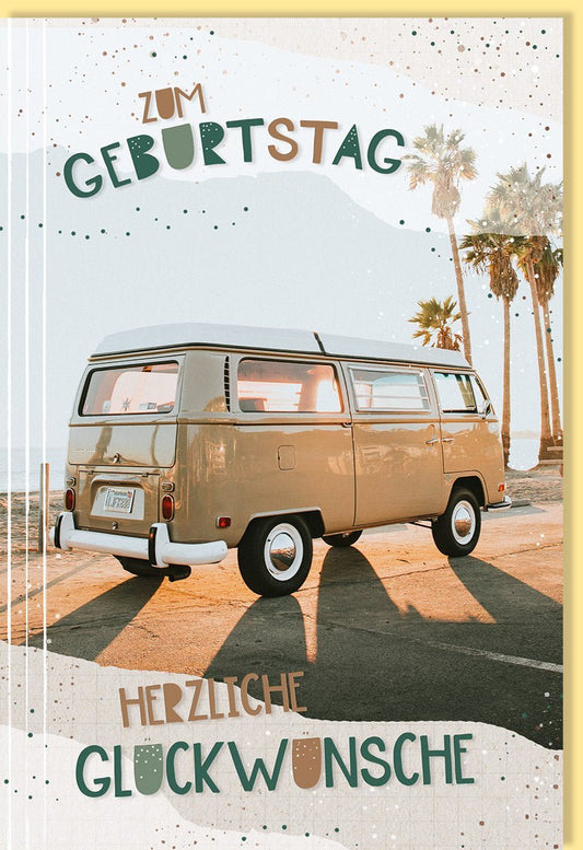 Geburtstagskarte - Retro Hippiebus & Palmen am Strand bei Sonnenuntergang, Glückwunschkarte