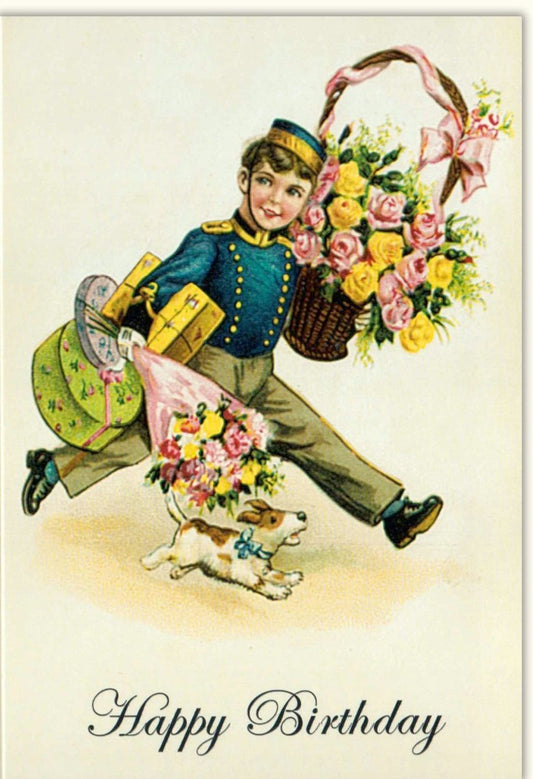 Geburtstagskarte Retro - "Junge mit Blumen & Hund" - Vintage Postkarte, Nostalgische Kinderfeier Illustration