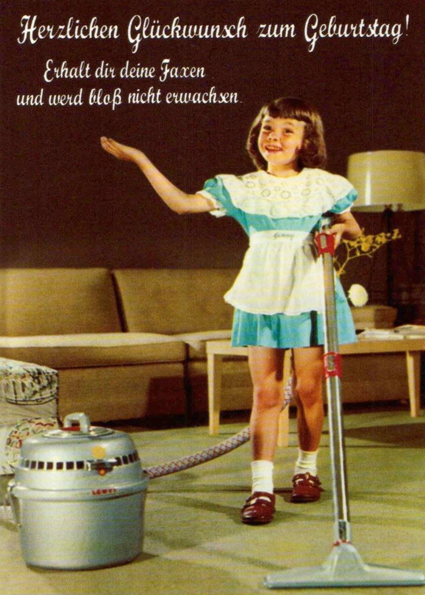 Geburtstagskarte - Retro Mädchen mit Staubsauger, Vintage Humor für Kinder, Geburtstagspostkarten