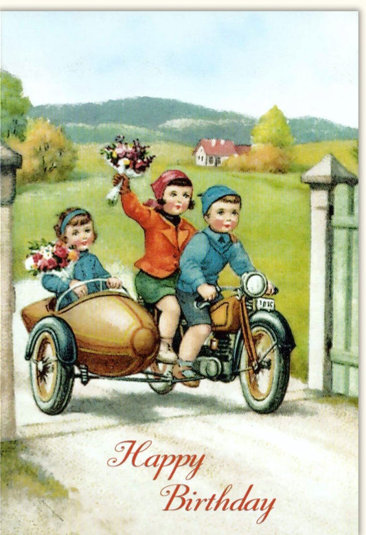 Geburtstagskarte Retro: Nostalgisches Motorrad in Landschaft mit Roter Jacke & Blumen, Happy Birthday Design