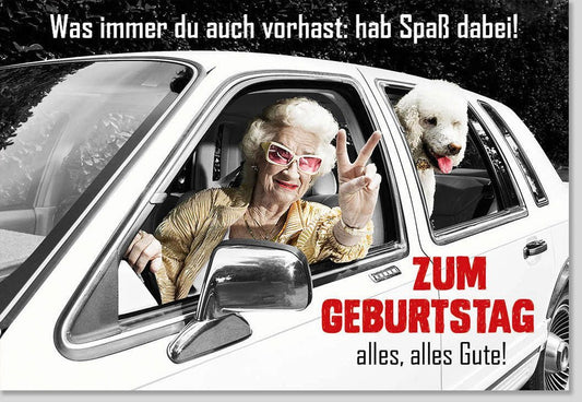 Geburtstagskarte - Retro Pudel im Auto, humorvolle Grüße für einen spaßigen Geburtstag