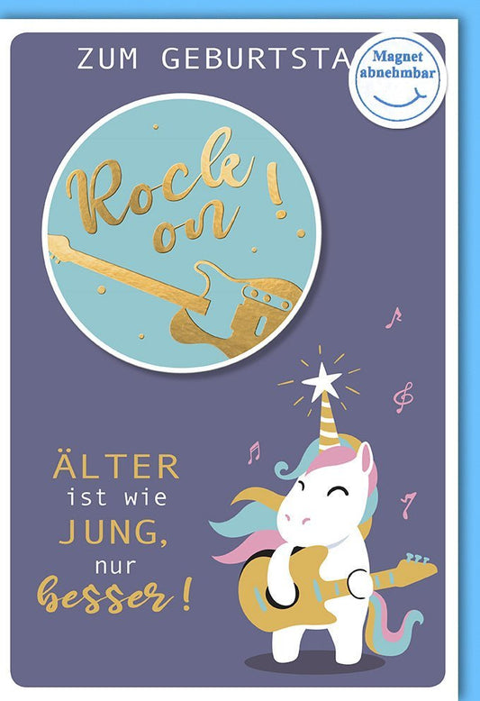 Geburtstagskarte "Rock on Einhorn" - Humorvolle Glückwunschkarte mit Gitarre, Magnet & Spruch für Jugendliche & Erwachsene, Bunte Party - Illustration