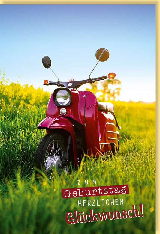 Geburtstagskarte: Roter Motorroller auf grüner Wiese unter blauem Himmel - Perfekt für Teenager