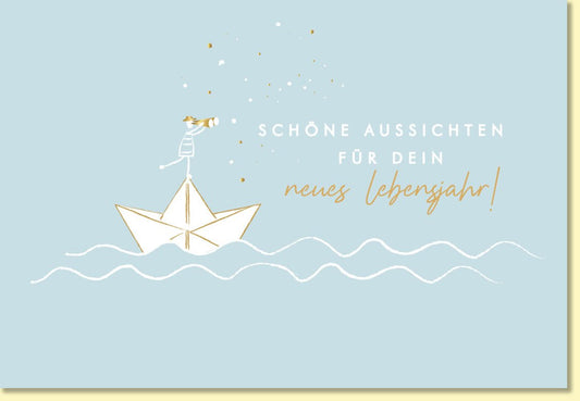Geburtstagskarte schöne Aussichten für dein neues Lebensjahr mit Papierboot maritimes Design Glückwunschkarte Geburtstag blau gold modern