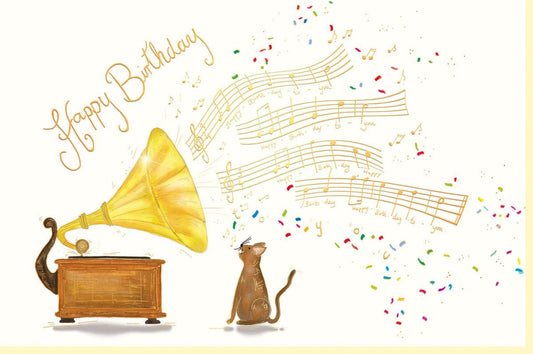 Geburtstagskarte Skorpion: Vintage Grammophon & Katze, Naturkarton mit Goldfolie, Retro Design für Erwachsene und Sammler, beige - gold