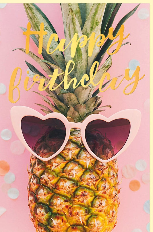 Geburtstagskarte - Sommerliche Ananas mit Sonnenbrille & Goldfolie, Tropisch, Farbenfroh & Modern für eine fröhliche Feier