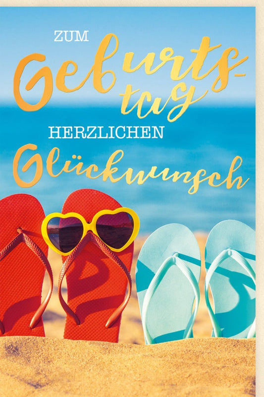 Geburtstagskarte "Sommertraum" - Glückwünsche mit Strandmotiven, Goldakzenten & Urlaubsflair