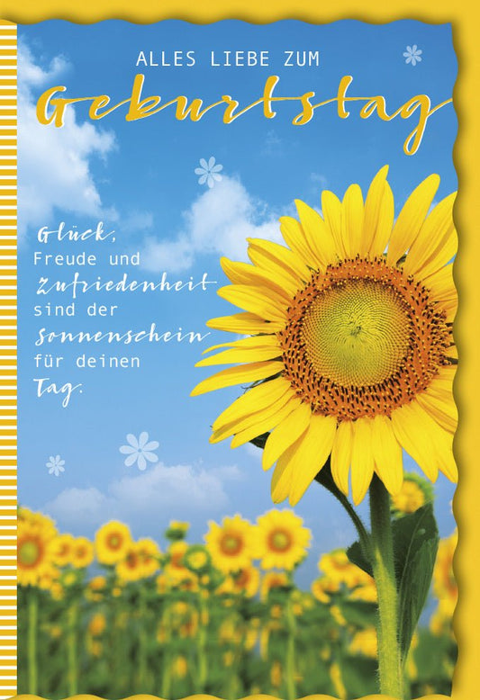Geburtstagskarte Sonnenblume mit Spruch Alles Liebe zum Geburtstag fröhliche Glückwunschkarte gelb Blumenwiese Himmel