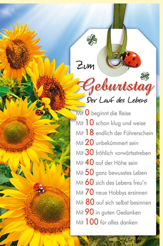 Geburtstagskarte Sonnenblumen – Glückwünsche für Erwachsene, Gelbes Blumenmotiv mit inspirierenden Lebensweisheiten & Marienkäfer als Glücksbringer