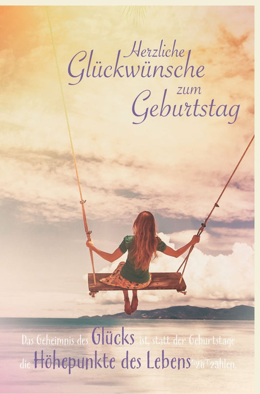 Geburtstagskarte Sonnenuntergang: Entspannende Grüße mit Schaukel am Meer, Besinnliche Wünsche für Freude und Gelassenheit