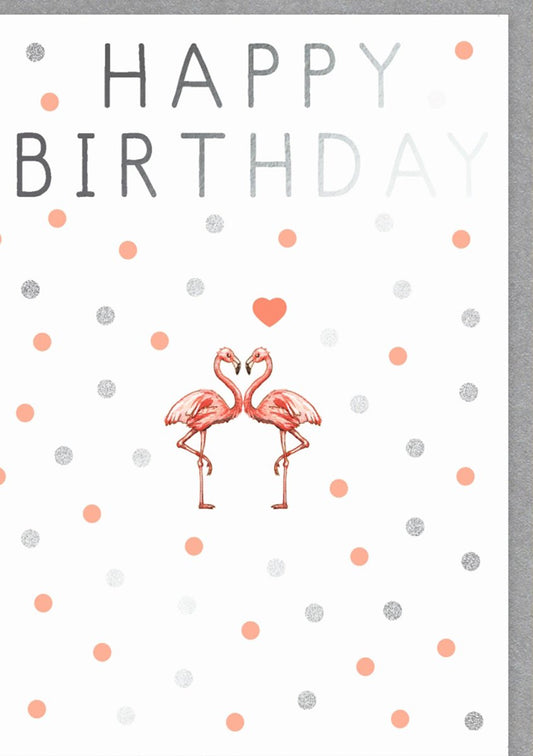 Geburtstagskarte - Stilvolle Flamingo - Karte mit Herz & Punkten, Moderne Happy Birthday Grüße