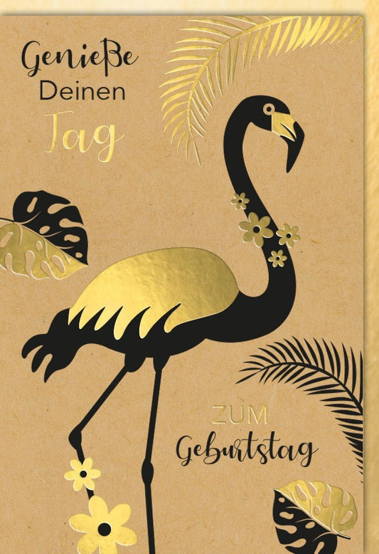 Geburtstagskarte - Stilvolle Glückwünsche mit Exotischem Flamingo in Gold & Schwarz, Modernes Design für besondere Anlässe