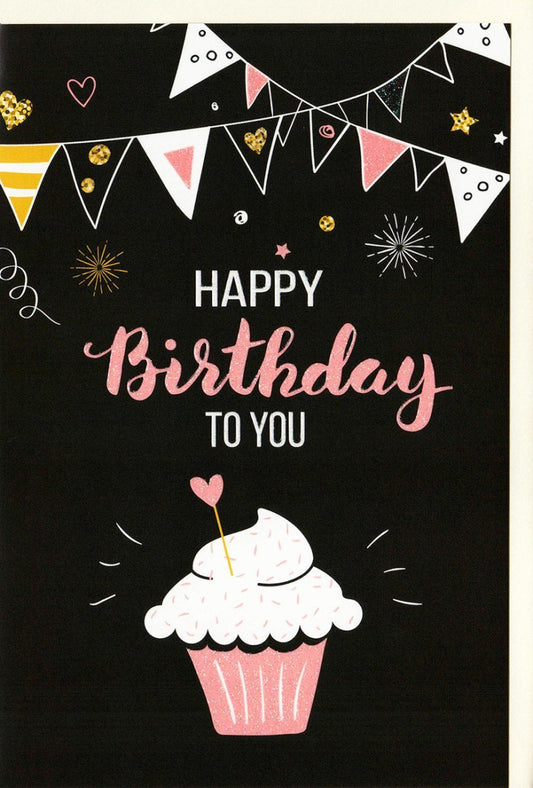 Geburtstagskarte: Stilvolle Glückwunschkarte mit Cupcake, Girlanden & Herzen - Schwarz - Pink - Gold Design mit Konfetti und modernem Schriftzug