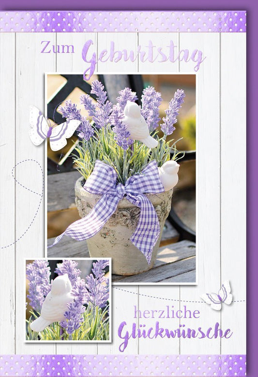 Geburtstagskarte - Stilvolle Glückwunschkarte mit Lavendel, Schmetterlingen & Karomuster in Violett - Weiß für besondere Anlässe