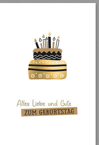 Geburtstagskarte - Stilvolle Glückwunschkarte mit Torte & Kerzen in Gold, Schwarz & Weiß für elegante Geburtstagsgrüße, geschäftlich