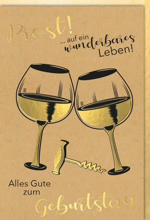 Geburtstagskarte - Stilvolle Vintage Karte mit Goldakzenten und Cheers-Motiv für elegante Geburtstagswünsche