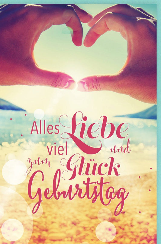 Geburtstagskarte - Strandmomente: Sonnenaufgang, Herz in Händen, Meer der Herzlichkeit