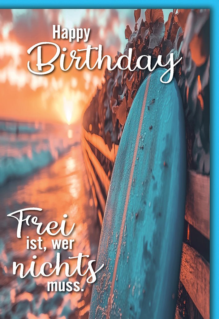 Geburtstagskarte Surfer – Sonnenuntergang am Strand mit Surfbrett und inspirierendem Zitat