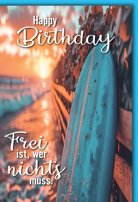 Geburtstagskarte Surfer – Sonnenuntergang am Strand mit Surfbrett und inspirierendem Zitat