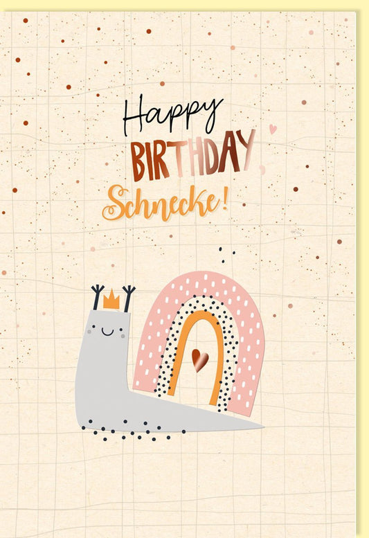 Geburtstagskarte: Süße Schnecke mit Herzchen auf Zuckerrohrpapier – Pastell Beige & Rosa für Jung und Alt