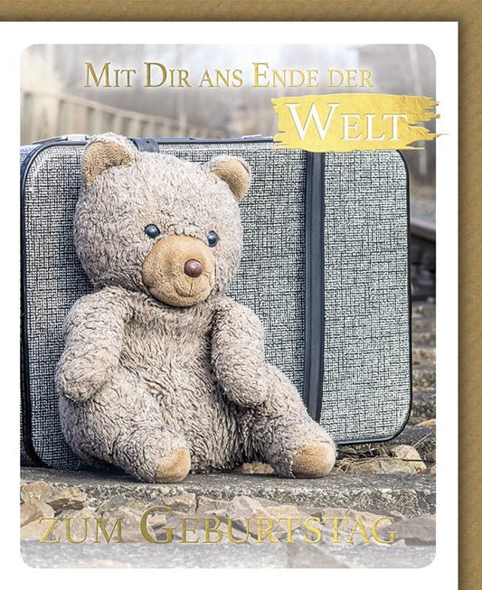 Geburtstagskarte "Teddy Abenteuer" - Nostalgische Glückwünsche mit Plüschtier & Koffer, Vintage - Charme