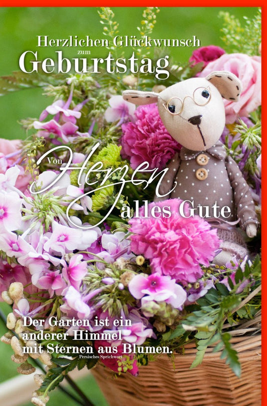 Geburtstagskarte Teddybär & Blumen - Vintage Glückwunschkarte mit Herzdeko, Farbenfroh für Feierlichkeiten
