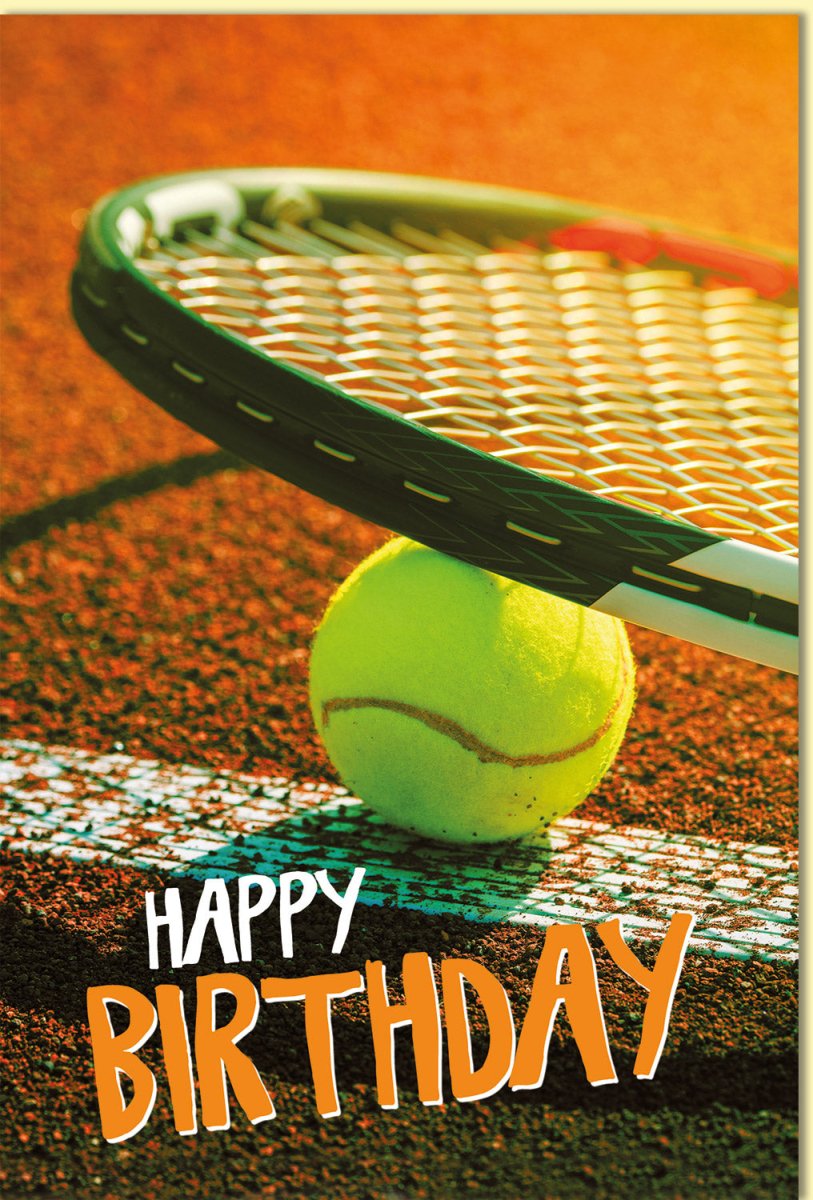 Geburtstagskarte Tennis Motiv mit Tennisschläger und Ball auf dem Spielfeld sportliche Glückwunschkarte für Tennisfans Geburtstag