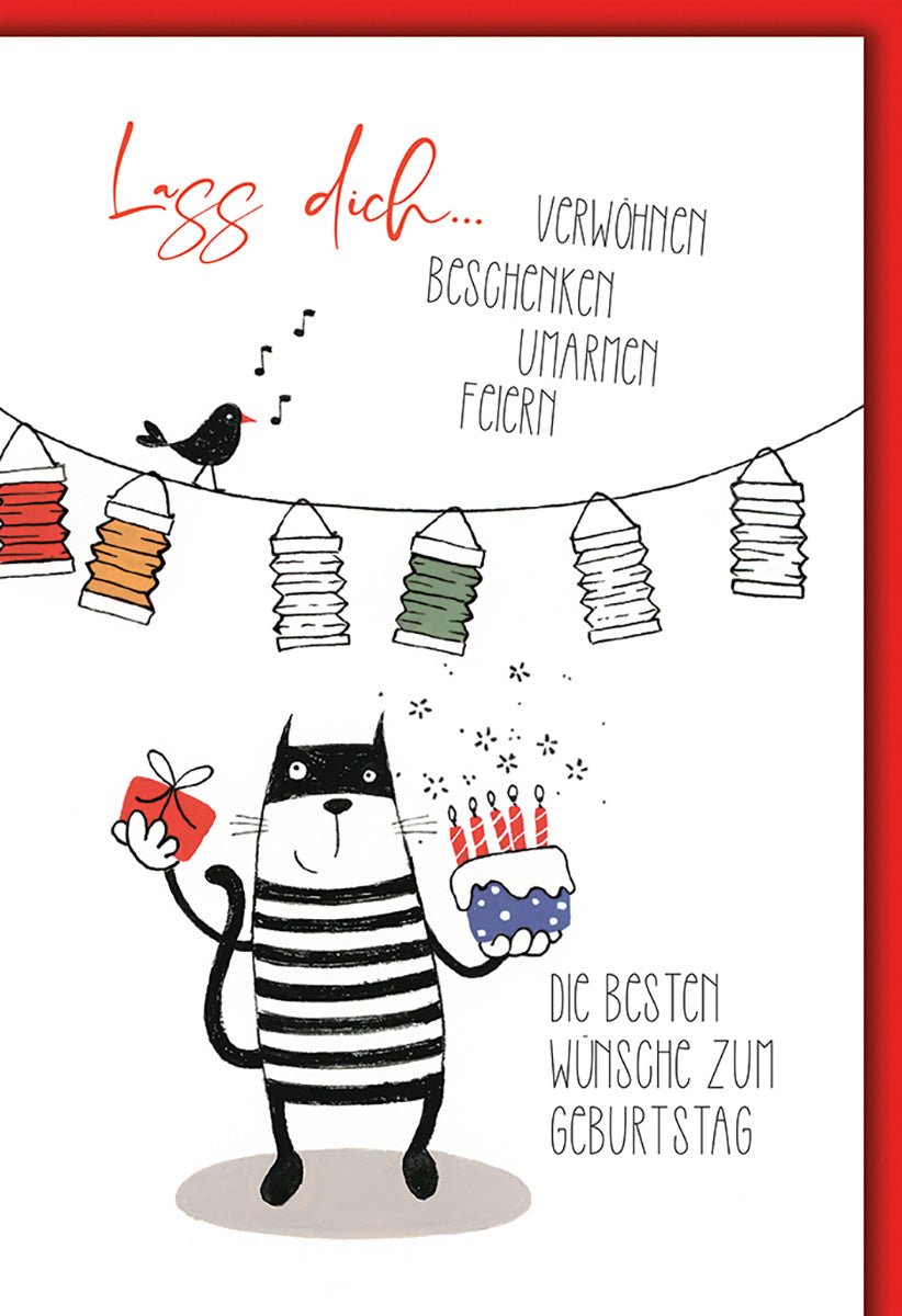 Geburtstagskarte Tiere – Katze mit Torte und Laternen in fröhlichem Design