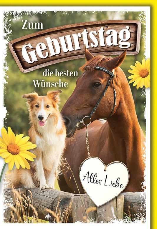 Geburtstagskarte Tierfreunde – Pferd und Hund mit Herzanhänger und gelben Blumen