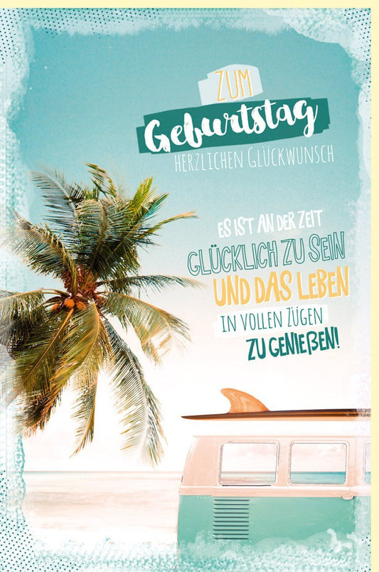 Geburtstagskarte "Tropische Abenteuer" – Vintage Bus & Strandmotiv für Urlaubsstimmung und herzliche Glückwünsche