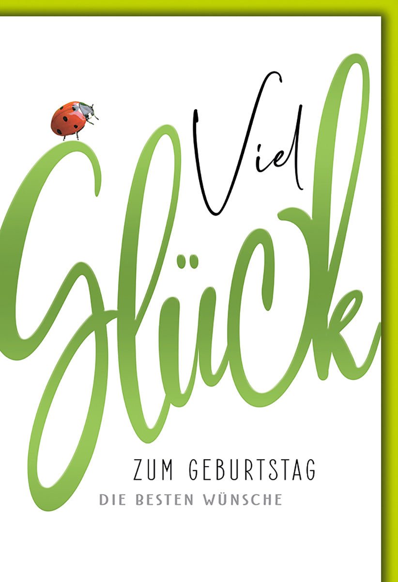 Geburtstagskarte Viel Glück – Grüner Schriftzug mit Marienkäfer und modernem Design