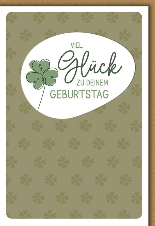 Geburtstagskarte Viel Glück – Grünes Kleeblatt auf Olivgrünem Hintergrund mit Muster