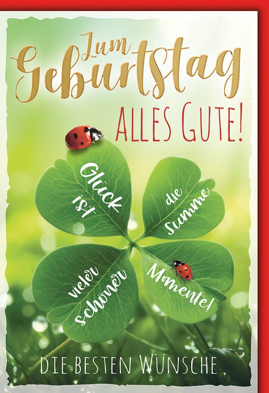 Geburtstagskarte Viel Glück – Kleeblatt mit Marienkäfern und motivierendem Spruch
