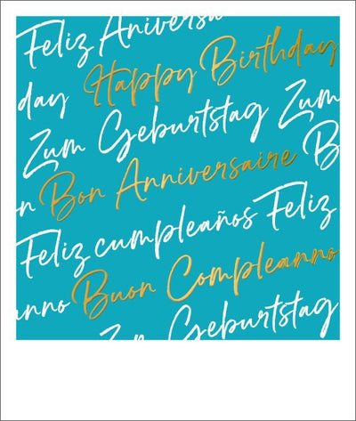 Geburtstagskarte - Vielsprachiges "Happy Birthday" in Goldfolie, Stilvolle Karte in Türkis mit Handschrift-Design