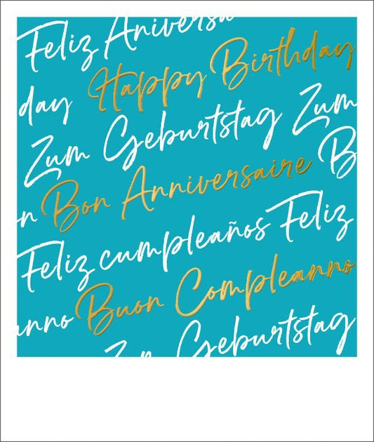 Geburtstagskarte - Vielsprachiges "Happy Birthday" in Goldfolie, Stilvolle Karte in Türkis mit Handschrift - Design